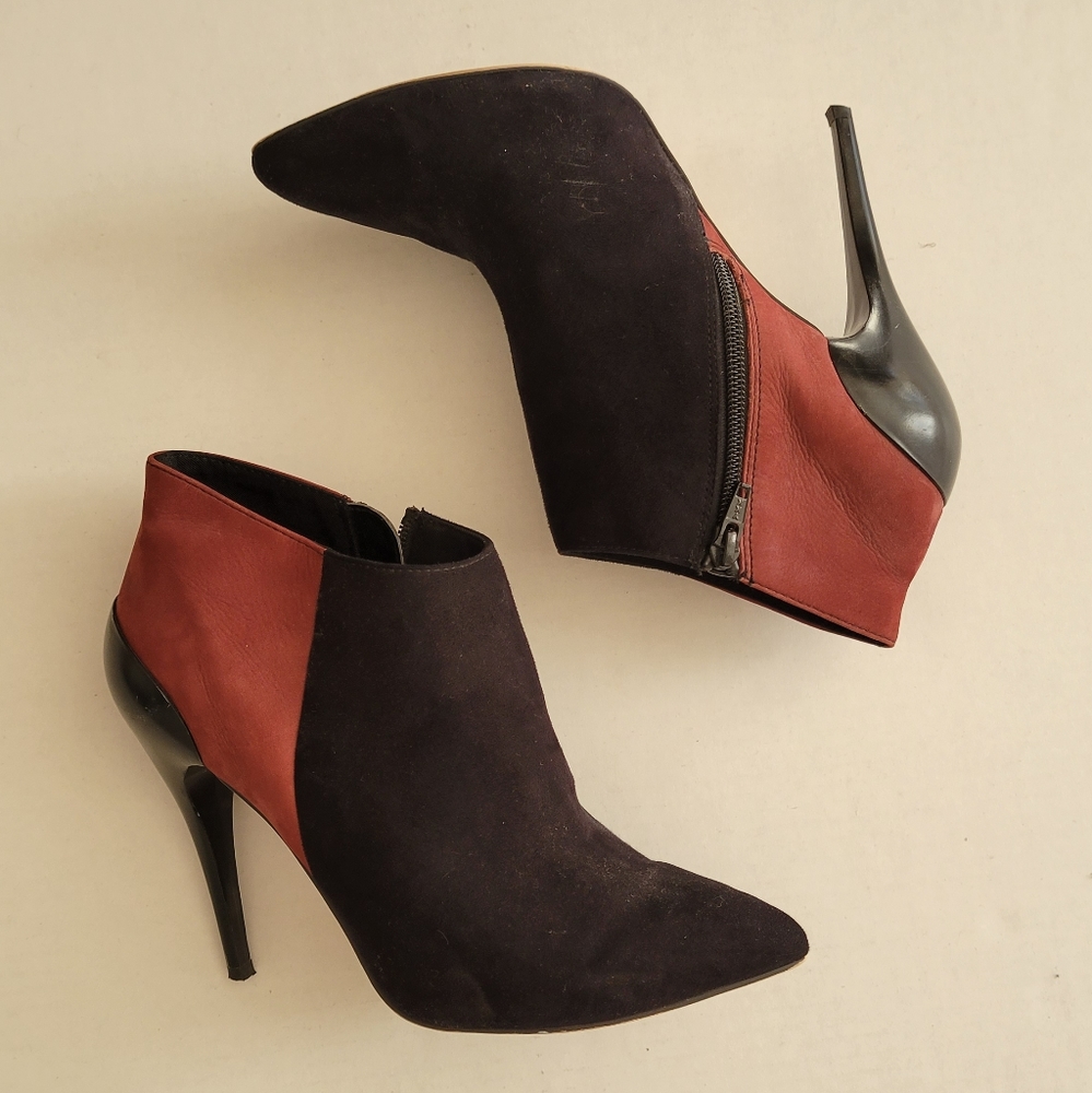 Women's Black and Brown Suede Pointed-Toe Ankle Booties